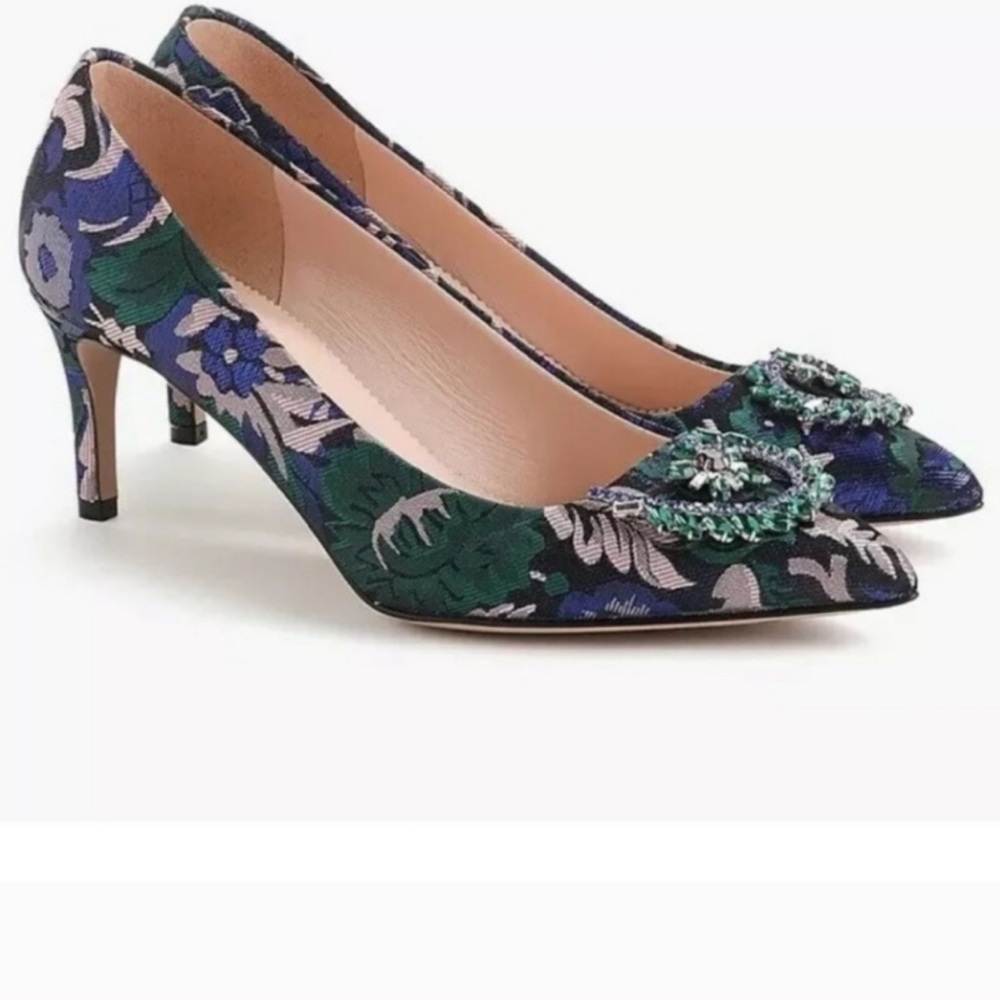 J.Crew Colette Pump In Metallic Jacquard Size 9 Rhinestone Buckles Made In Italy